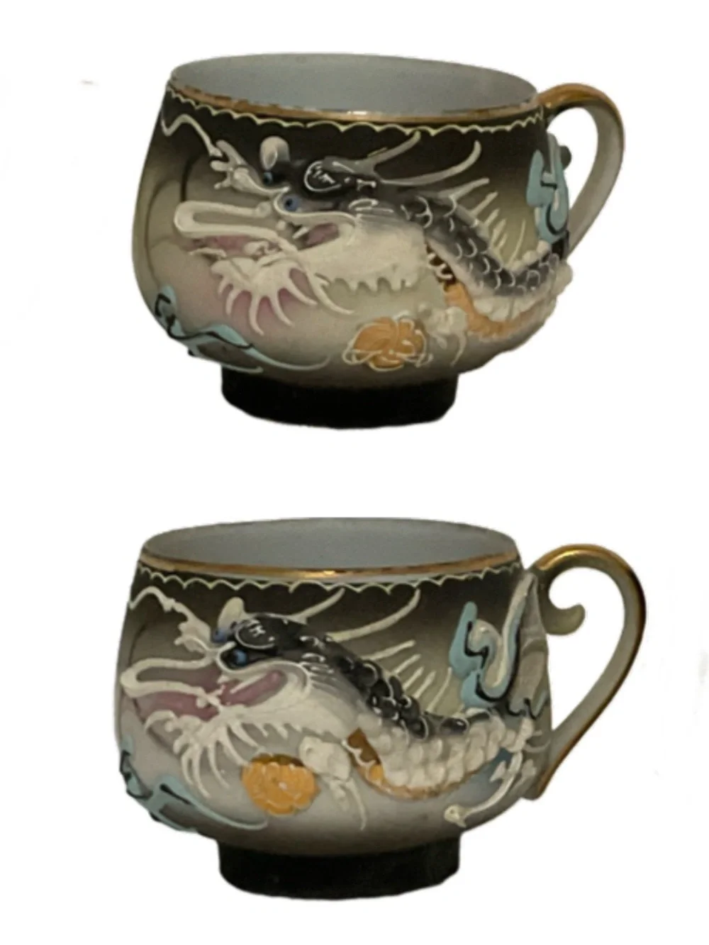 6 Lithophane Dragonware Moriage Teacups - Japanese